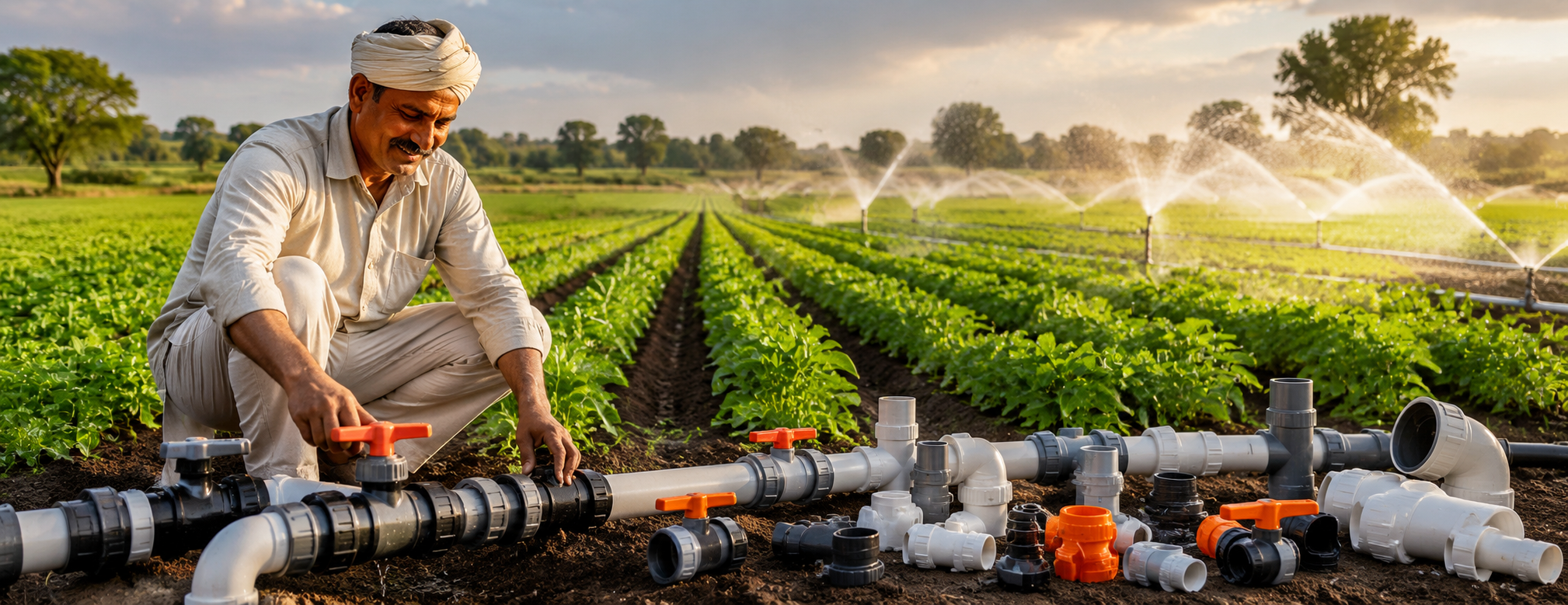 Farmer installing Signet PVC fittings in an irrigated field